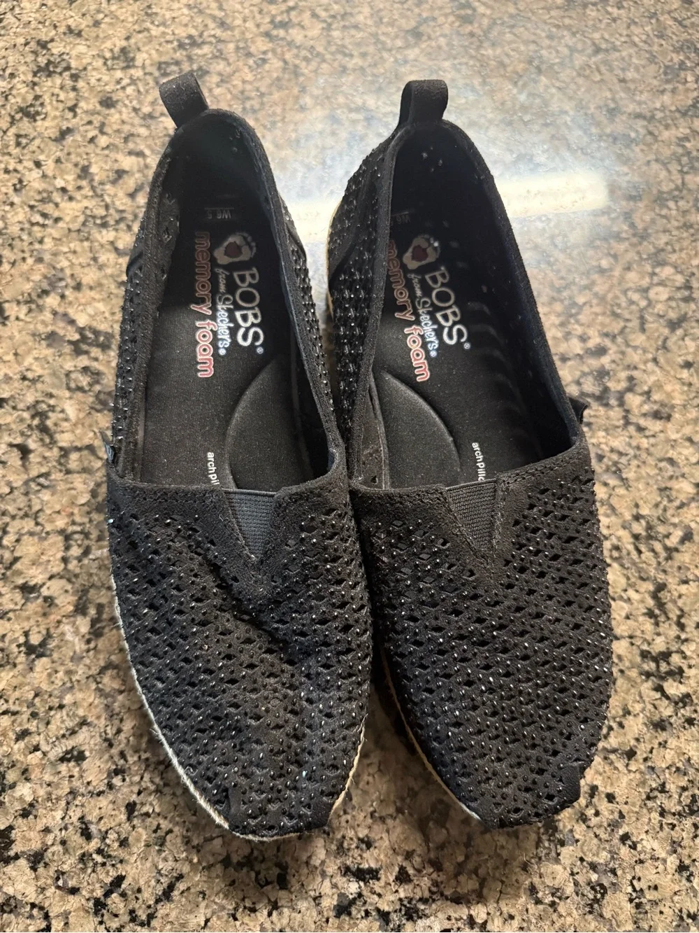 Skechers BOBS Black Slip-On Espadrille Loafers with Sparkle